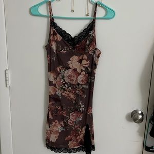floral and black lace mini dress